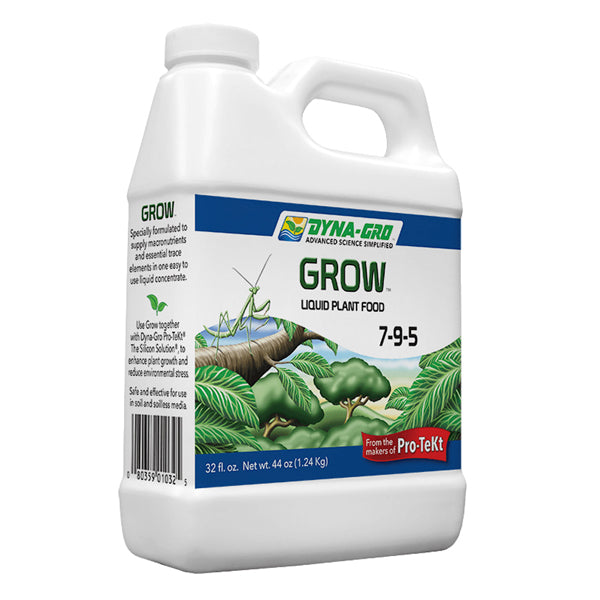 side view of bottle of dyna gro grow 7-9-5 formula on a white background
