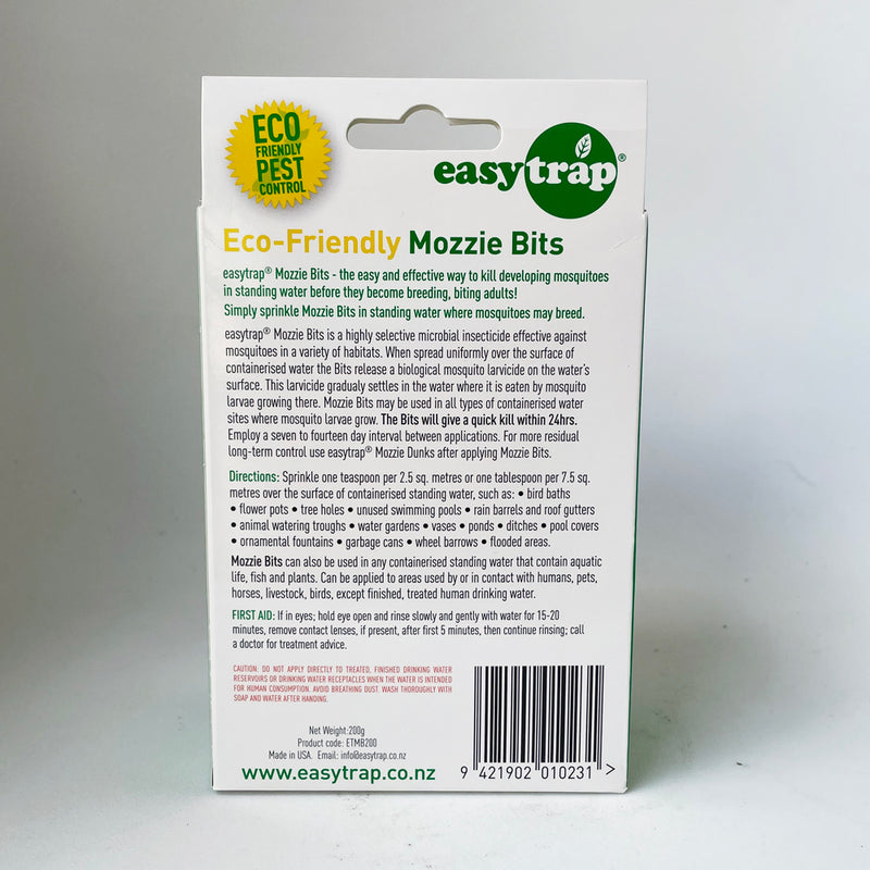 Back of pack of Mozzie Bits Mosquito Bits BTI for Fungus Gnats