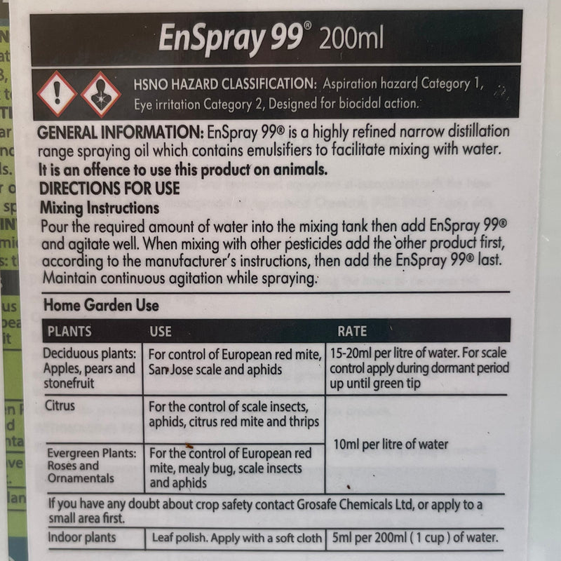 Grosafe Enspray 99 Spraying Oil - for Mealybugs, Scale, Aphids, Mites, Thrips, Mildew - 200ml Concentrate